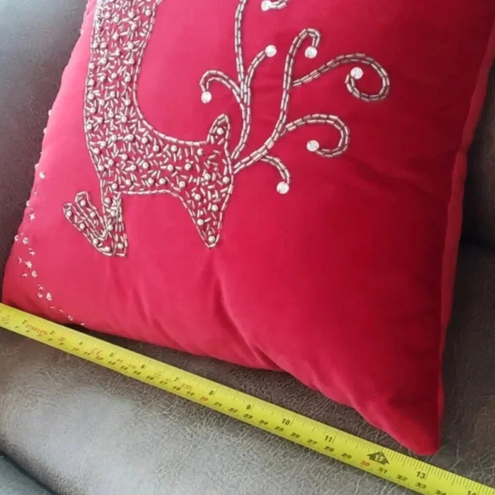Red‎ Velvet Beaded Christmas Bling Rhinestone Reindeer pillow 13 x13